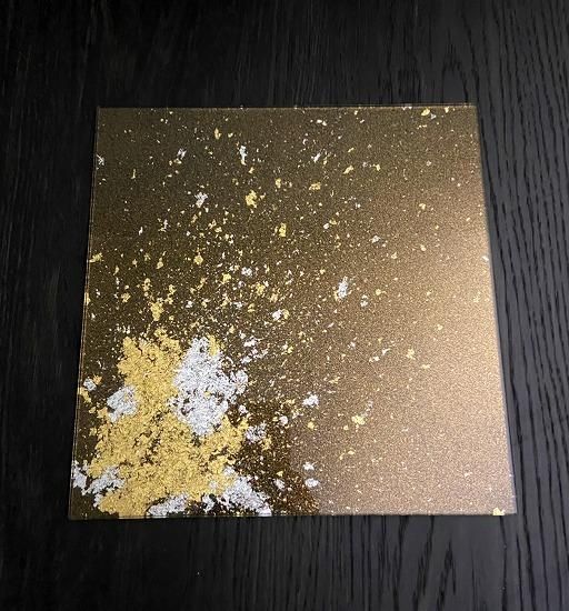 Jet black square glass plate with nashiji gold and gold leaf, top view