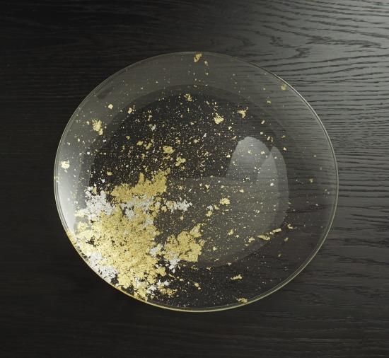Japanese lacquer glass flat plate with gold leaf visible through clear glass