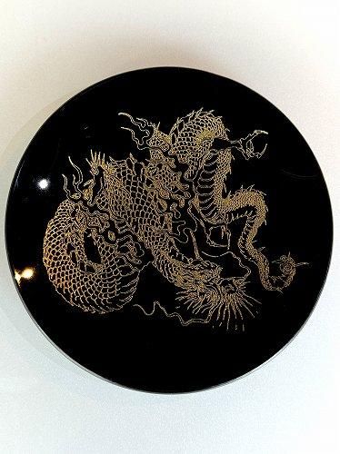 Japanese lacquer glass flat plate with gold dragon makie on jet black