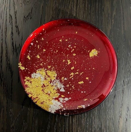 Japanese lacquer glass flat plate in Aka Tame deep red with gold leaf