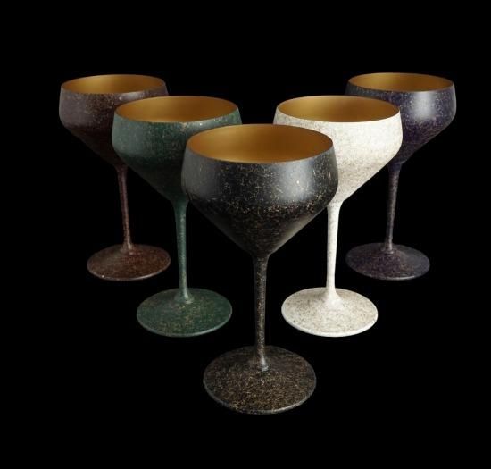 All five ranshi goblets in burgundy, green, black, lapis lazuli blue and white