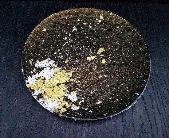 Japanese lacquer glass royal plate with Nashiji gold dust on jet black, rimmed large plate