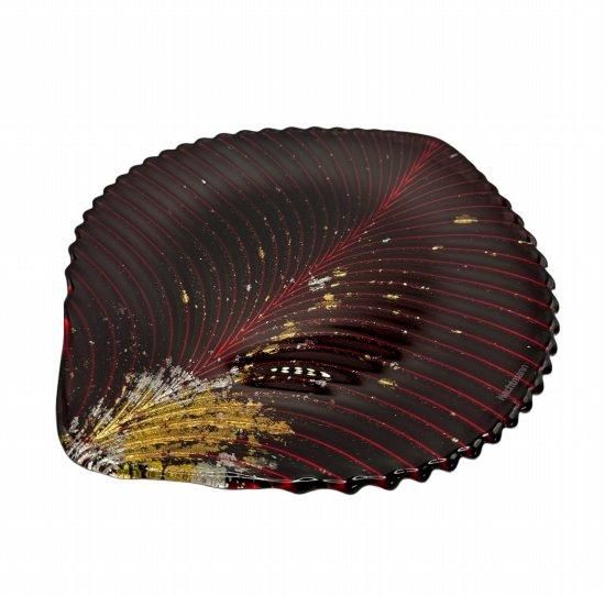 Japanese leaf-shaped lacquer glass plate in Aka Tame red with gold leaf