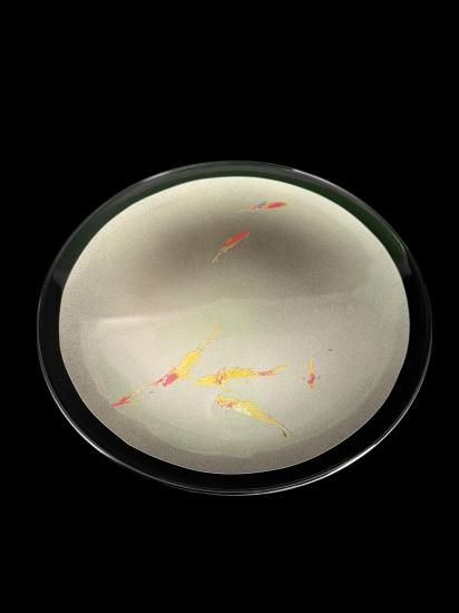 Japanese lacquer glass flat plate S size with black edging and silver carp makie