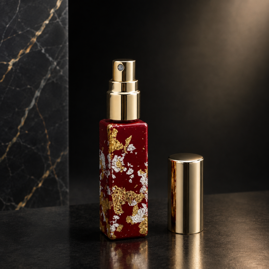 Vermilion gold leaf perfume spray bottle with cap off