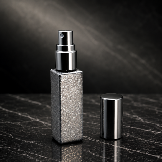 Silver glitter perfume spray bottle with cap off