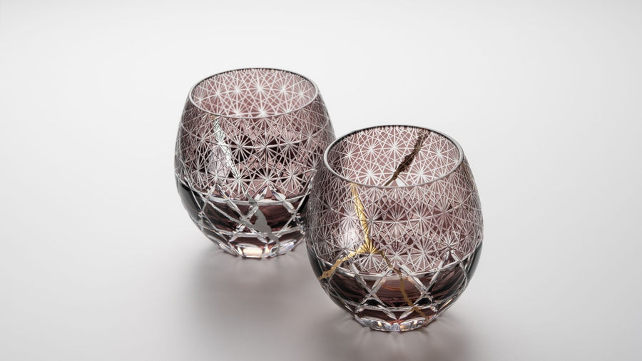 A Large Japanese Kiriko Glass with Kintsugi Gold Detailing