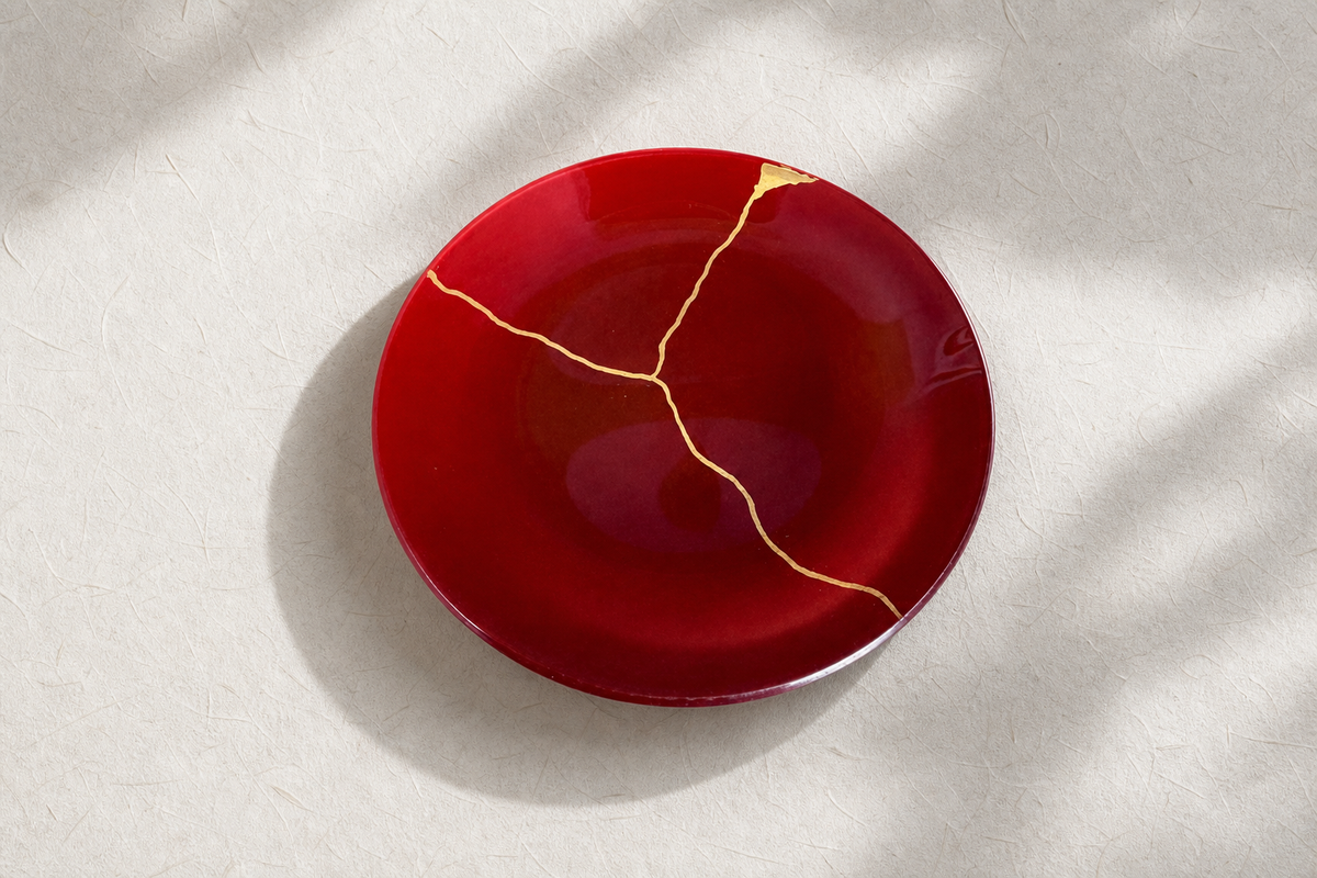 Generated editorial image based on the kintsugi-inspired lacquered glass plate