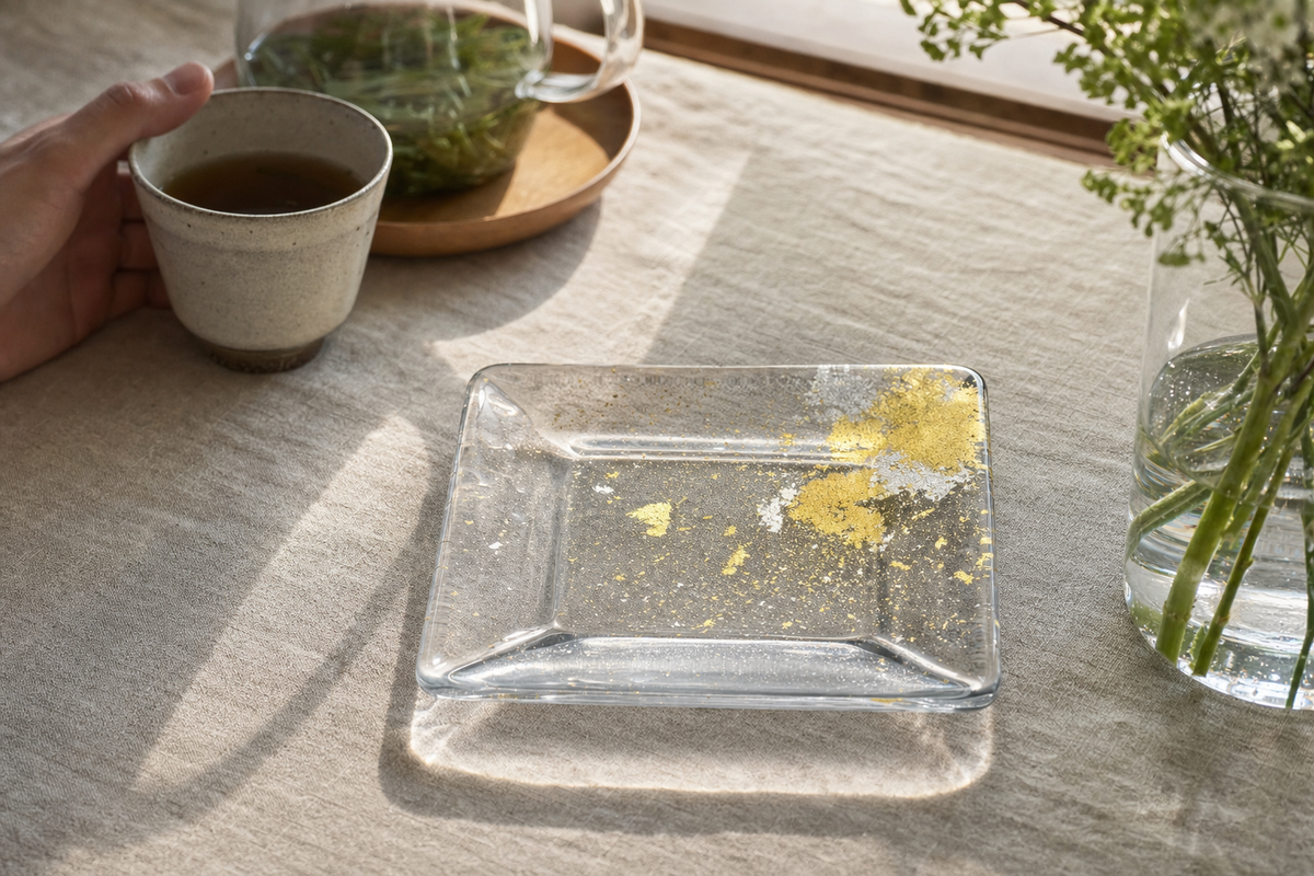Afternoon tea table by a window, light passes through the clear square plate and picks up the gold and silver leaf in one corner.
