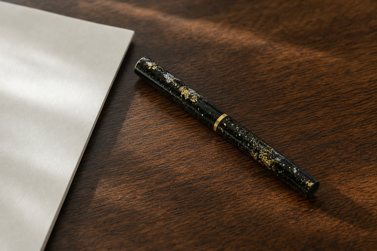 Editorial Japanese lacquer ballpoint pen with gold and silver powder detail on a dark desk