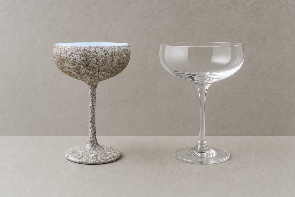 Editorial comparison rendering of a Ranshi Urushi champagne saucer and a plain glass coupe