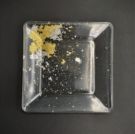 Clear glass square plate with gold and silver leaf, top view