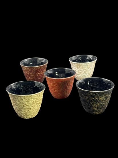 Five ranshi sake cups in vermilion, pure white, akatame, jet white and jet black