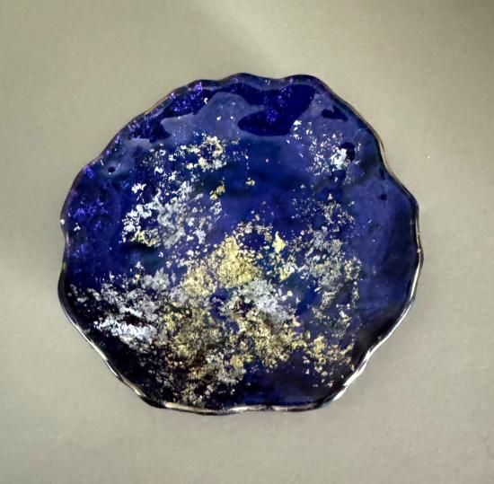 Majo blue textured small dish with gold and silver flecks, top view