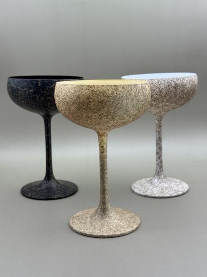 Three ranshi champagne saucer glasses in black, jet white and pure white