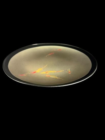 Japanese lacquer glass flat plate L size W330 with black edging and silver carp makie