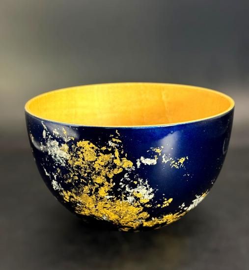 Kodai lapis lazuli blue bowl with gold leaf, angled view