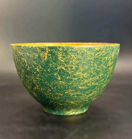 Deep green ranshi peony-shaped bowl, side view