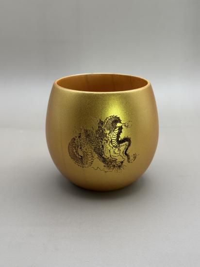 Gold dragon wooden cup, angled view
