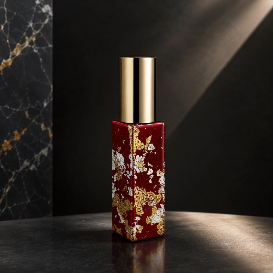 Vermilion gold leaf perfume spray bottle with cap on