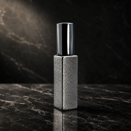 Silver glitter perfume spray bottle with cap on