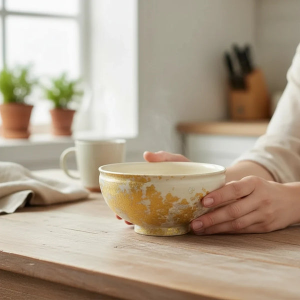 Modern Japan Crafts ceramic matcha bowl with gold and silver leaf accents held by hands on a wooden table