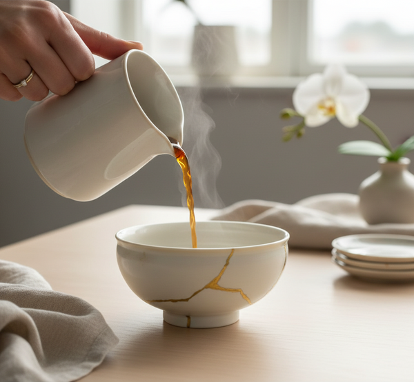 Modern Japan Crafts white Mino ware bowl with gold kintsugi lacquer design being filled with coffee