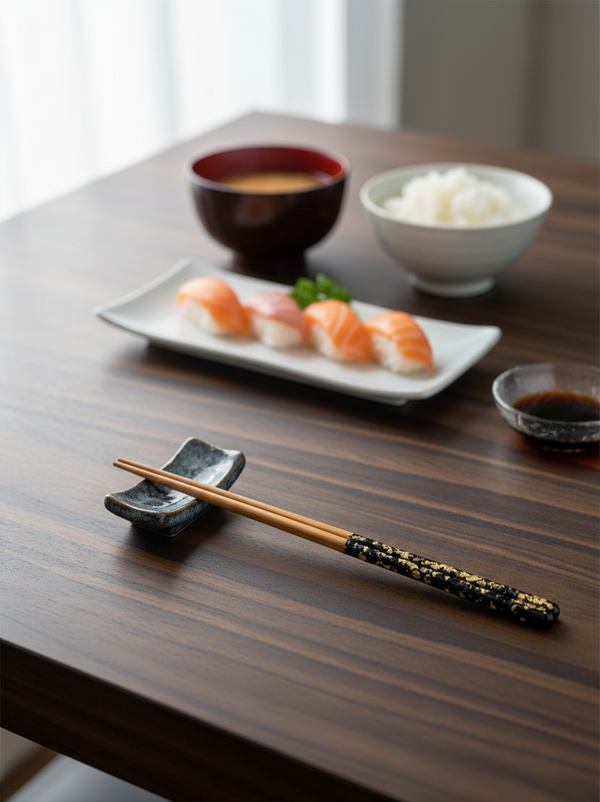 Modern Japan Crafts long chopsticks with black lacquer and gold flecks resting on a ceramic holder by a sushi meal.